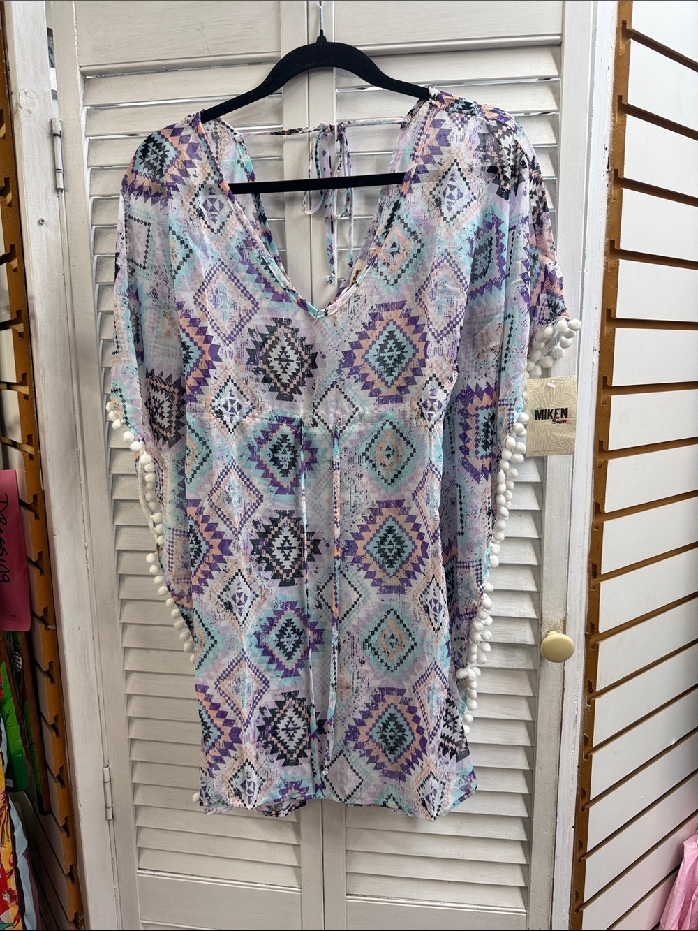 Miken Pastel Blue & Purple Geometric Pom-Pom Swim Cover-Up